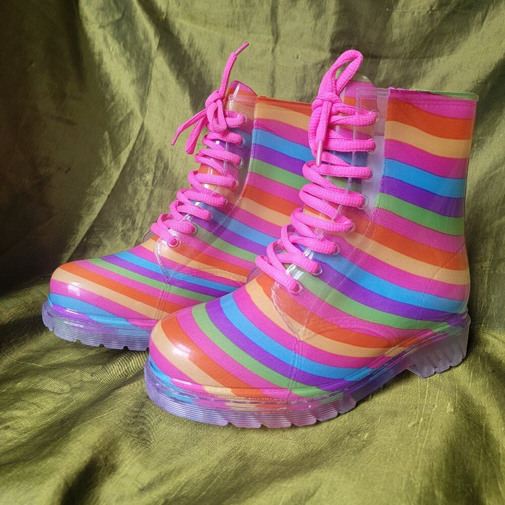 Pastel Rainbow Striped Rubber Combat Boots for Rain Girls Size 4